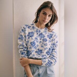 Bartolini Italy Blue Floral Mohair Alpaca Sweater Knit Pullover L Cottagecore